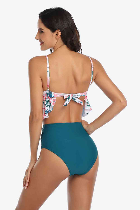 Tropical Print Ruffled Two-Piece Swimsuit