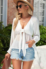 Striped Deep V Bow Detail Babydoll Top