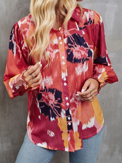 Printed Button Up Lantern Sleeve Shirt