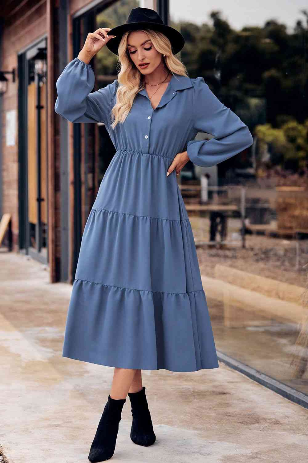 Collared Neck Long Sleeve Midi Dress