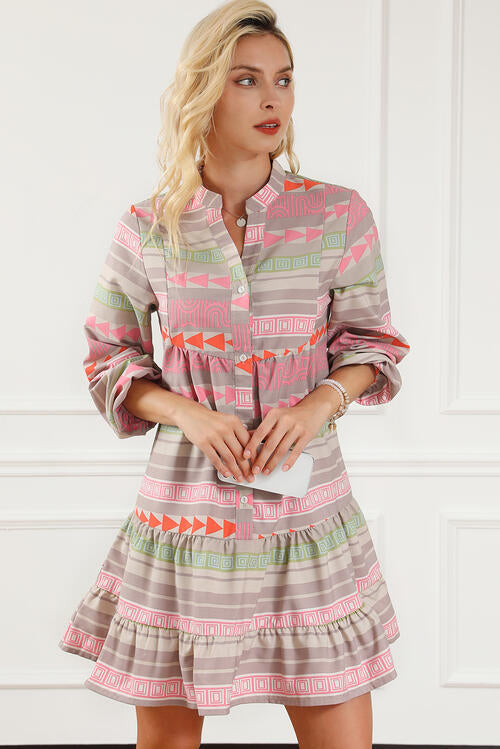 Tiered Notched Balloon Sleeve Buttoned Dress