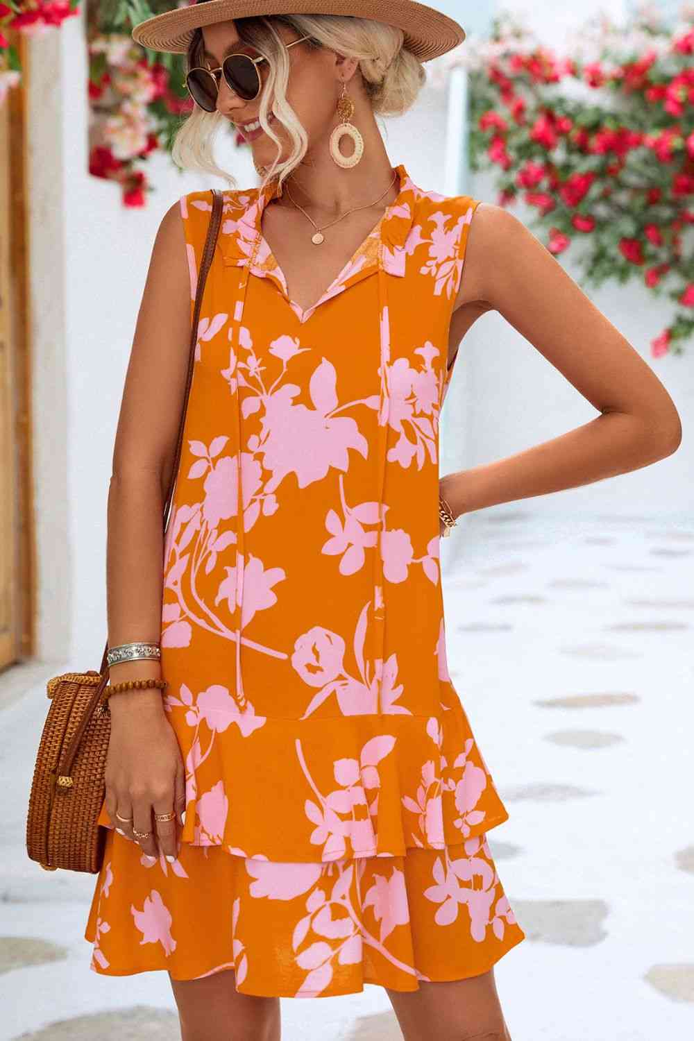 Floral Tie Neck Sleeveless Layered Dress