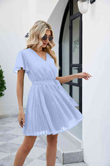 Surplice Neck Tie Waist Flutter Sleeve Pleated Dress