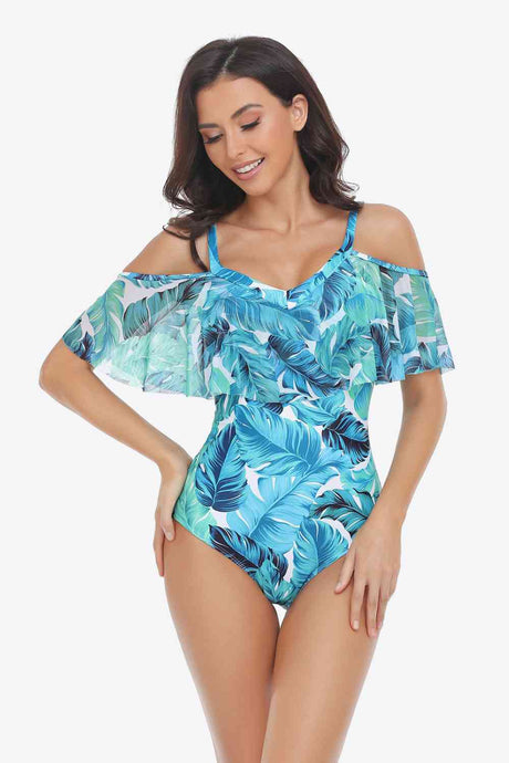 Botanical Print Cold-Shoulder Layered One-Piece Swimsuit