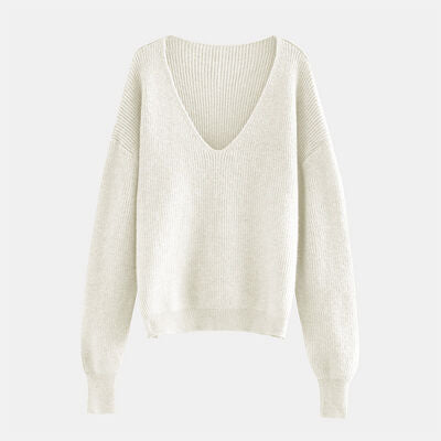 V-Neck Dropped Shoulder Long Sleeve Sweater