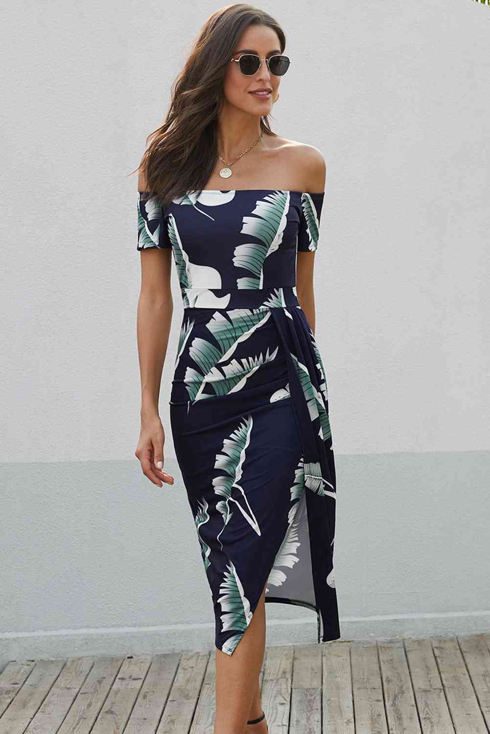 Printed Off-Shoulder Split Dress