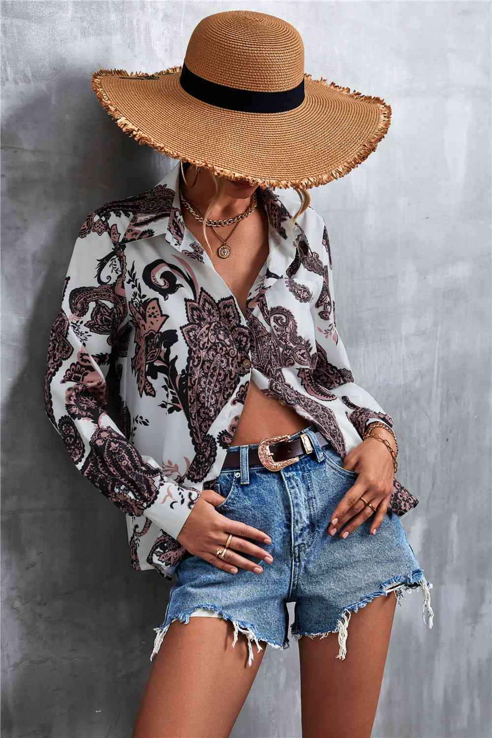 Printed Button Down Long Sleeve Shirt