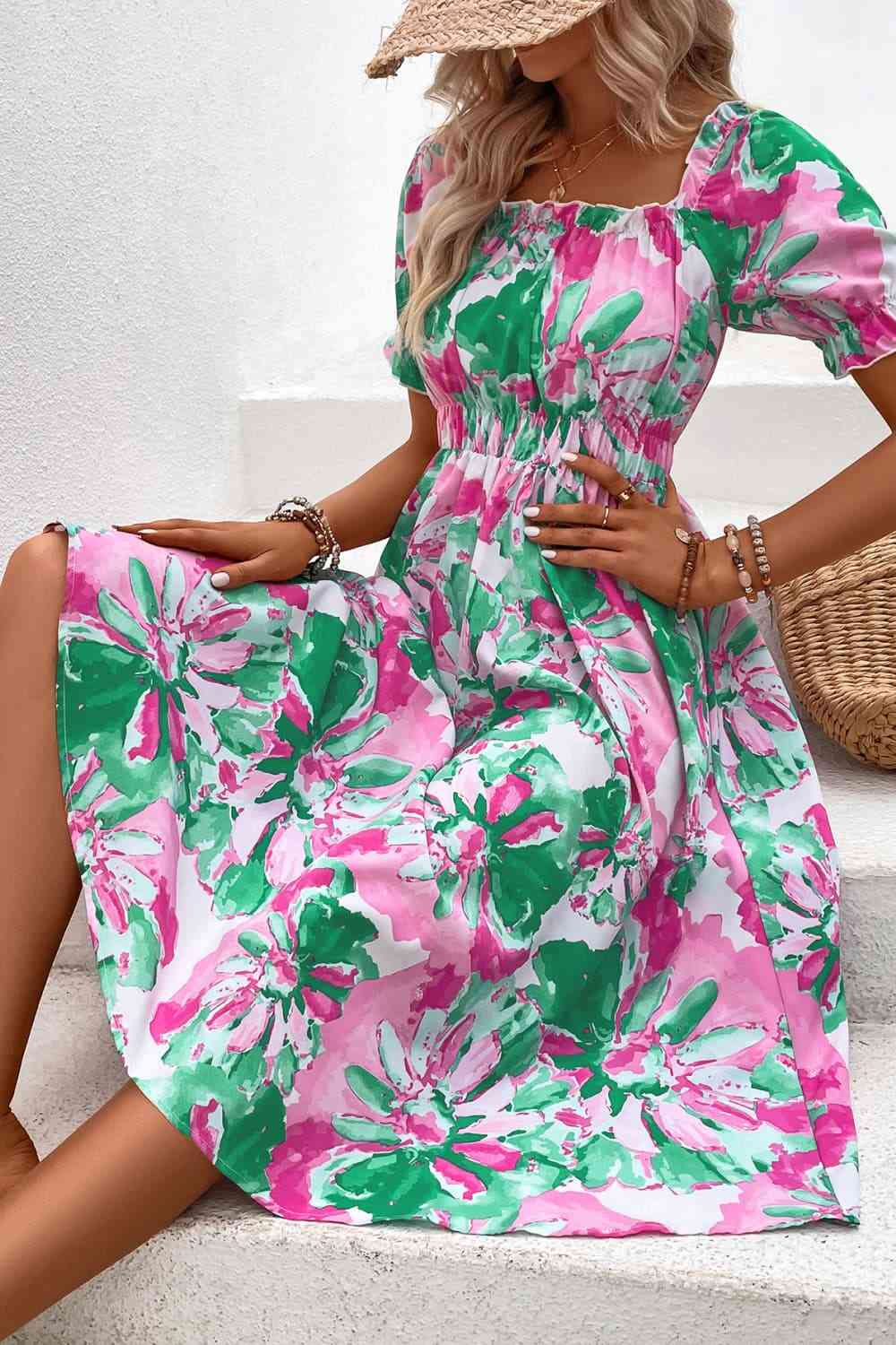 Floral Frill Trim Square Neck Dress