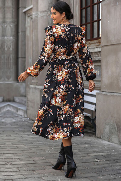 Floral Surplice Tie Front Ruffle Hem Midi Dress