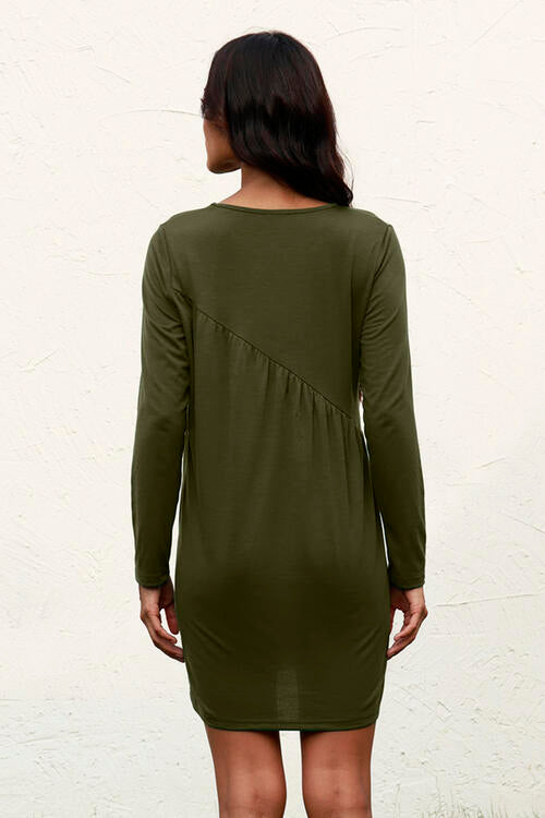 Ruched Round Neck Long Sleeve Dress