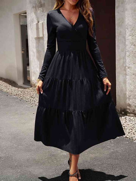 Surplice Neck Long Sleeve Smocked Waist Midi Dress