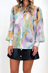 Printed Button Up Lantern Sleeve Shirt