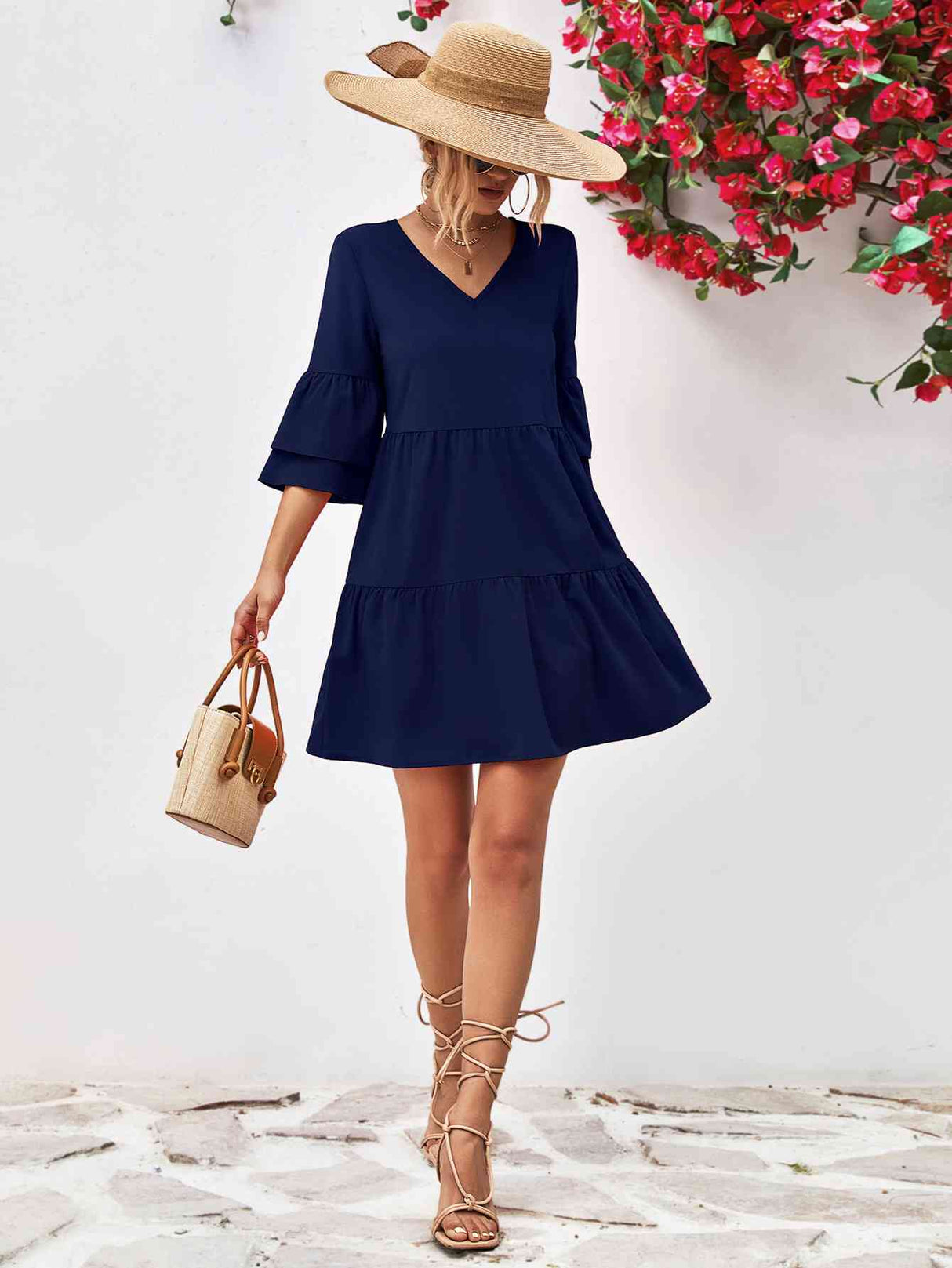 V-Neck Flare Sleeve Mini Dress