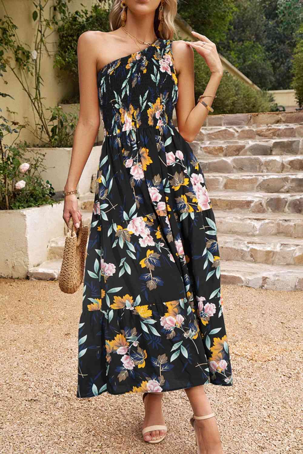 Floral One-Shoulder Sleeveless Dress with Pockets