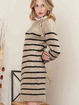 Striped Round Neck Long Sleeve Sweater Dress