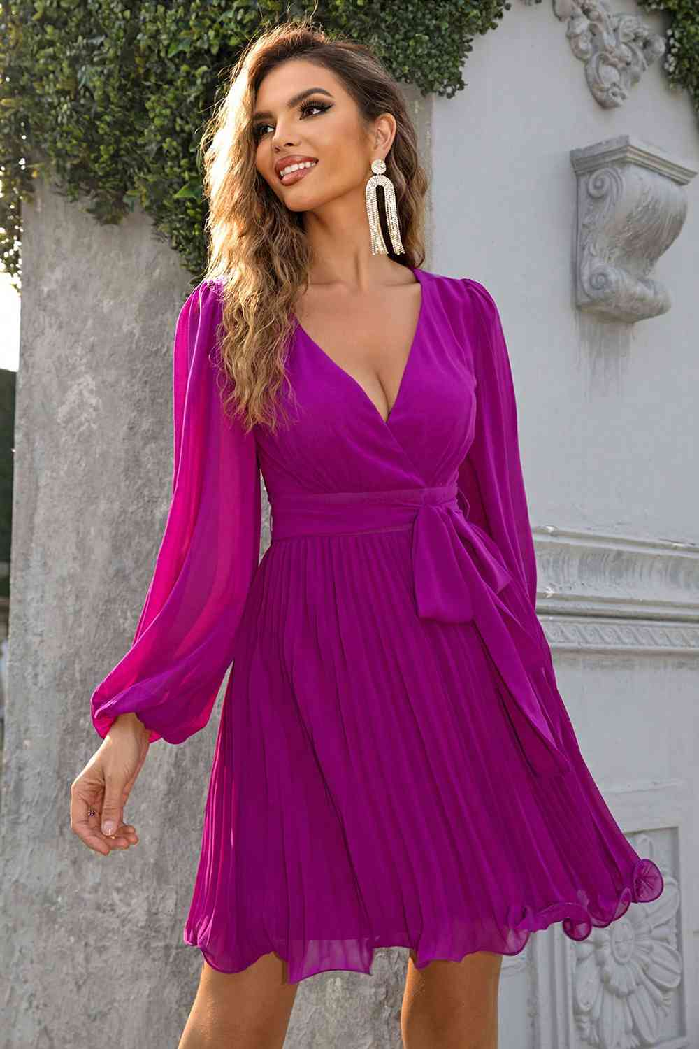 Tied Surplice Neck Pleated Dress