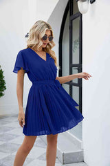 Surplice Neck Tie Waist Flutter Sleeve Pleated Dress