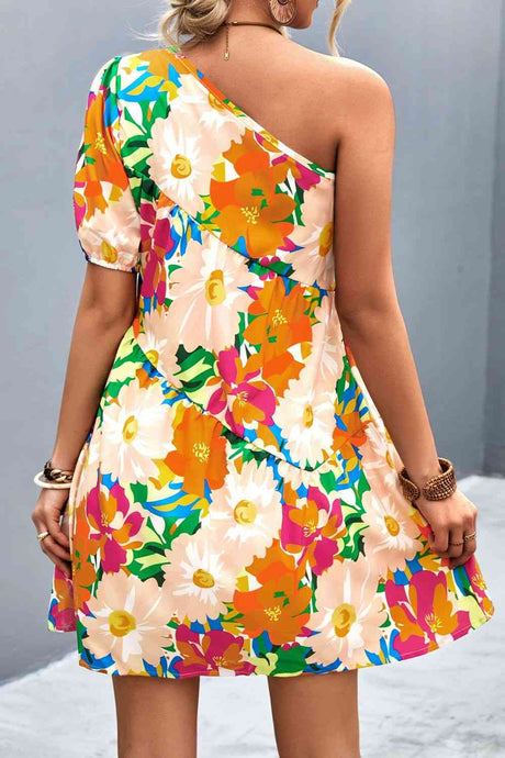 Floral One-Shoulder Puff Sleeve Dress