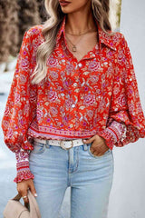 Printed Collared Neck Smocked Lantern Sleeve Shirt