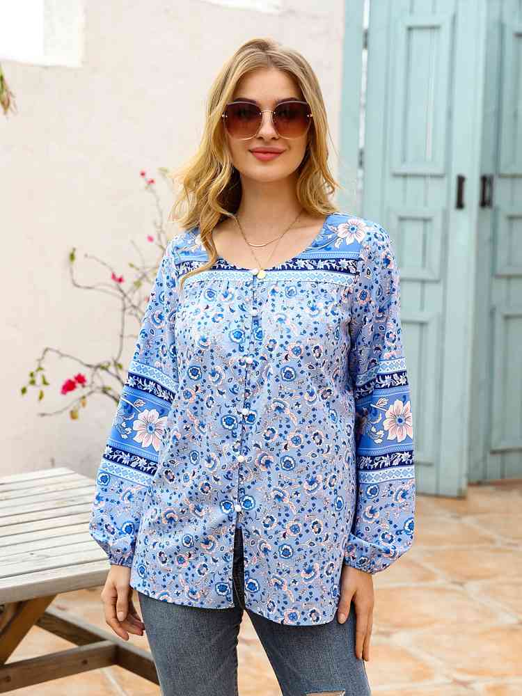 Full Size Bohemian Round Neck Balloon Sleeve Shirt