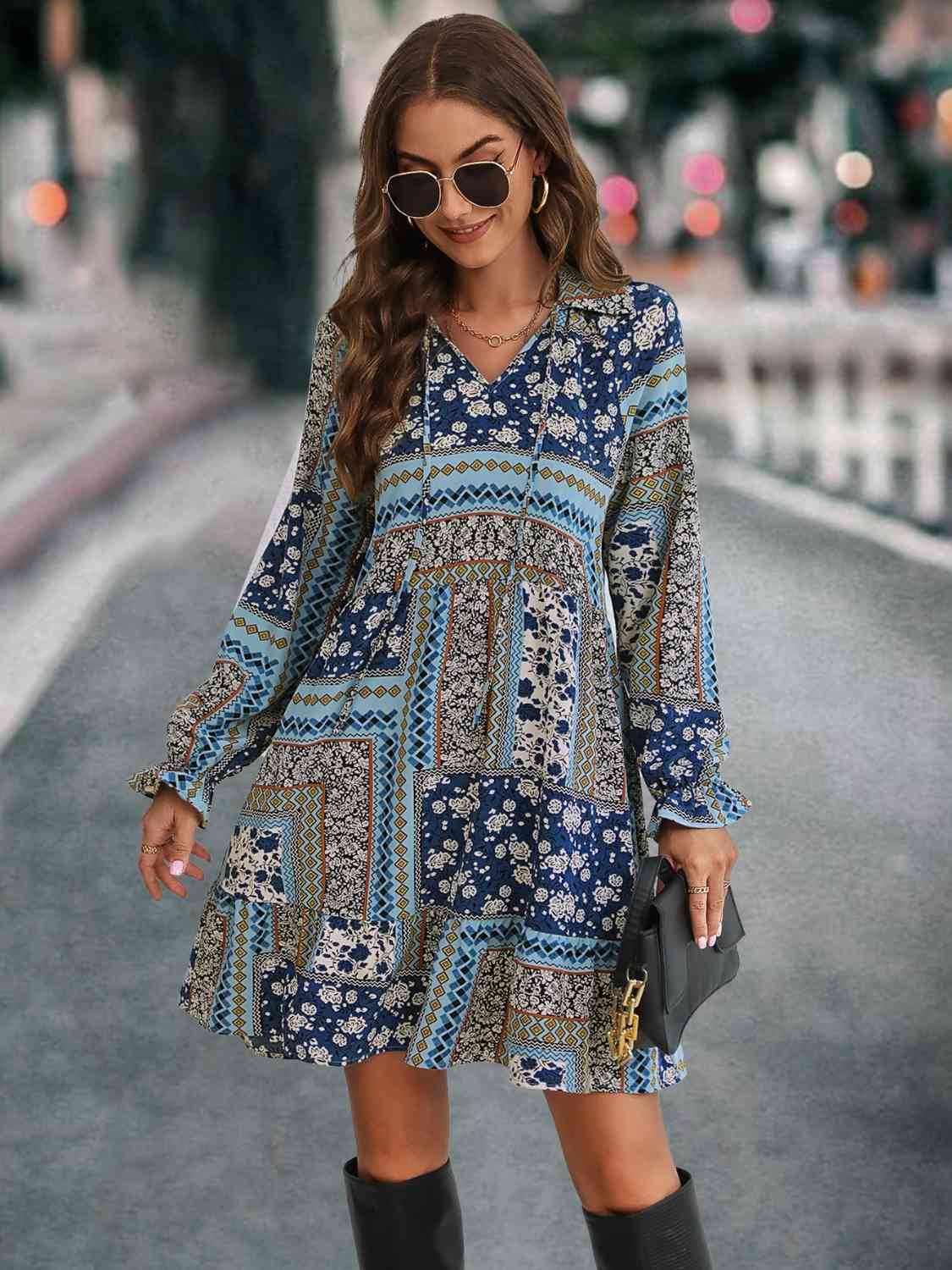 Printed Tie Front Flounce Sleeve Dress