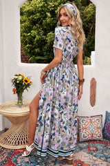 Floral Buttoned  Short Sleeve Maxi Dress