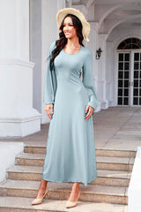 Tie Back Ribbed Round Neck Long Sleeve Dress