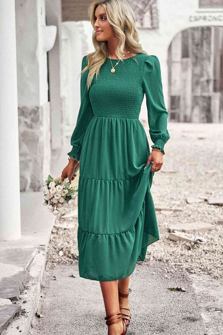 Smocked Round Neck Flounce Sleeve Midi Dress