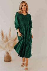 Smocked V-Neck Flounce Sleeve Dress