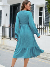 Swiss Dot V-Neck Smocked Lantern Sleeve Ruffle Hem Dress