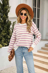 Striped Round Neck Dropped Shoulder Knit Top