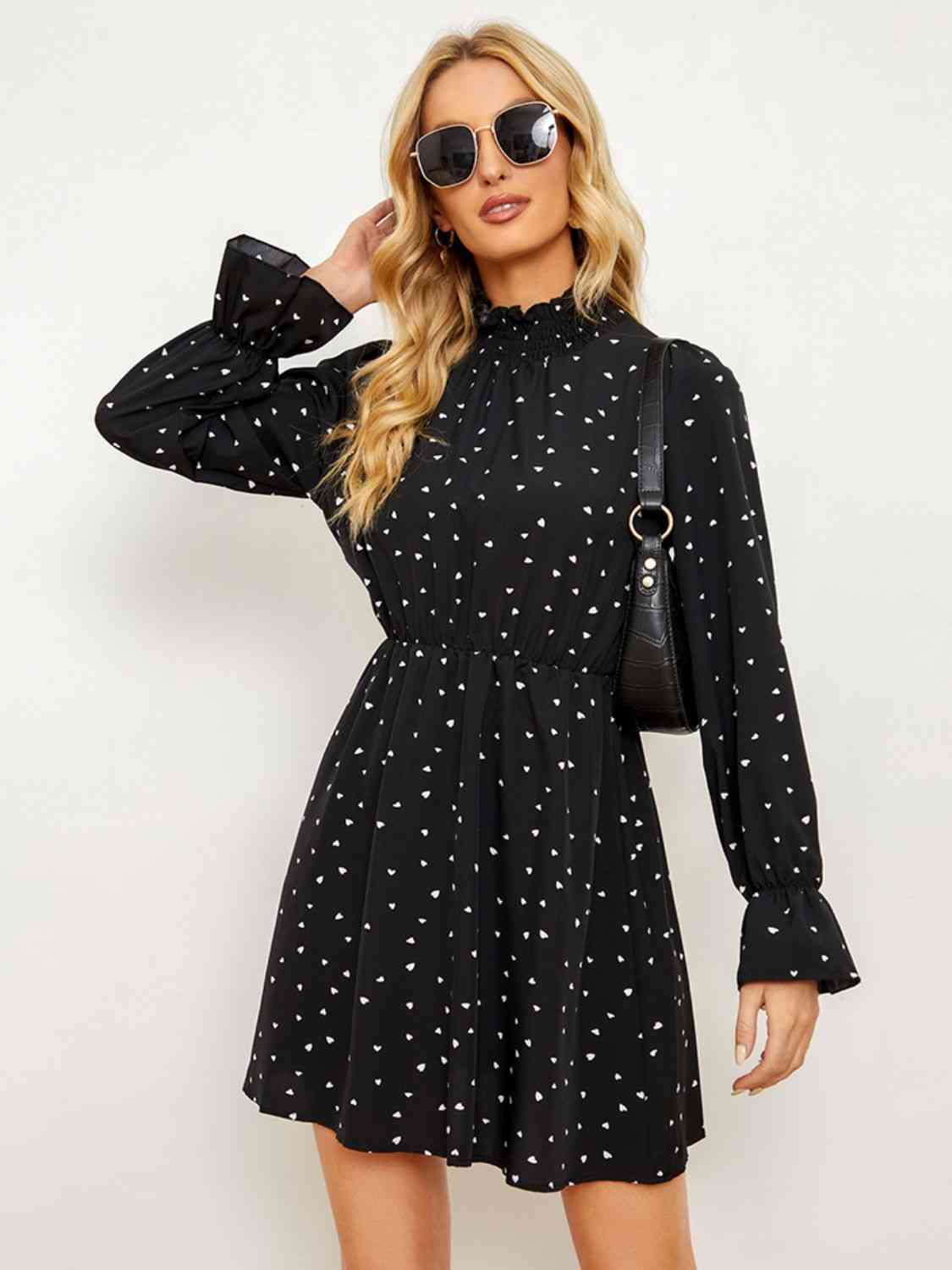 Printed  Long Flounce Sleeve Frill Neck Dress