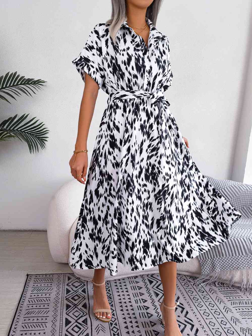 Printed Collared Neck Short Sleeve Tie Waist Dress