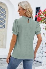 Frill Mock Neck Short Sleeve Eyelet Blouse