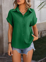 Textured Button Up Cap Sleeve Shirt