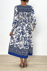 Printed Smocked Lantern Sleeve Ruffled Dress