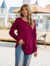 Quarter Button Round Neck Dropped Shoulder T-Shirt