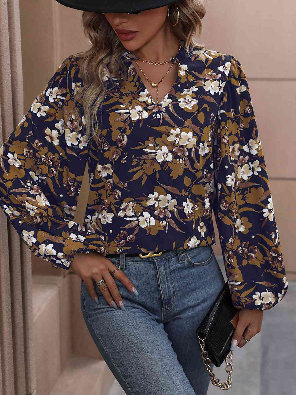 Floral Notched Balloon Sleeve Blouse