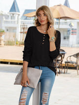 Quarter Button Round Neck Dropped Shoulder T-Shirt