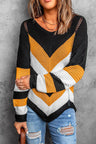 Eyelet Color Block Long Sleeve Sweater