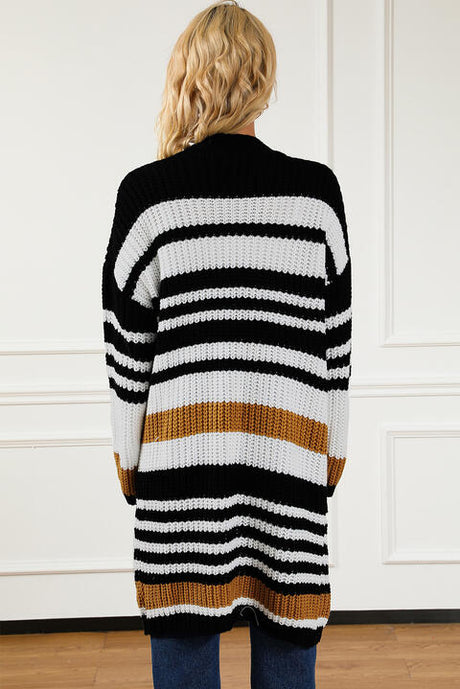 Striped Open Front Cardigan with Pockets