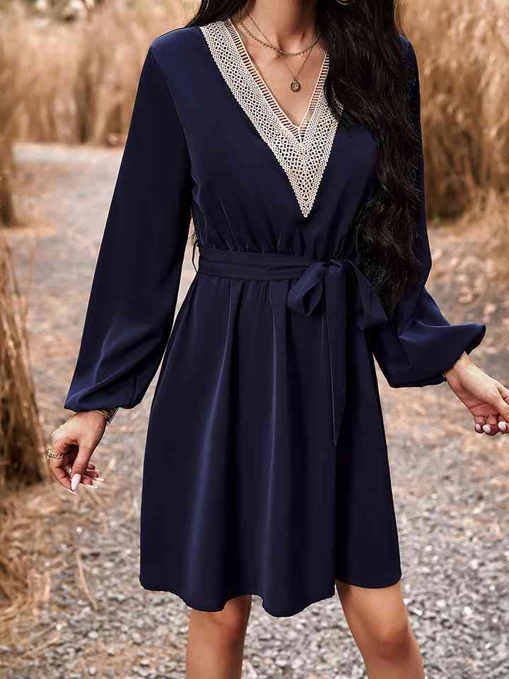 Long Sleeve Tie Waist V-Neck Mini Dress