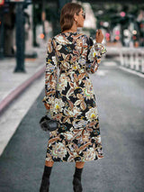 Printed Tie Front Surplice Flounce Sleeve Dress