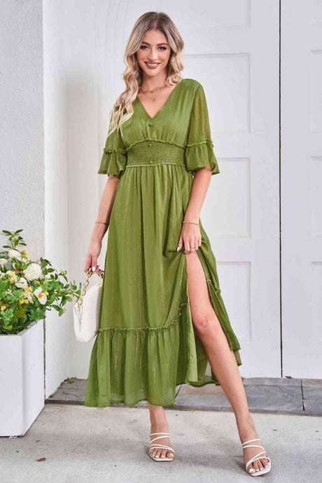 V-Neck Flounce Sleeve Smocked Waist High Slit Dress