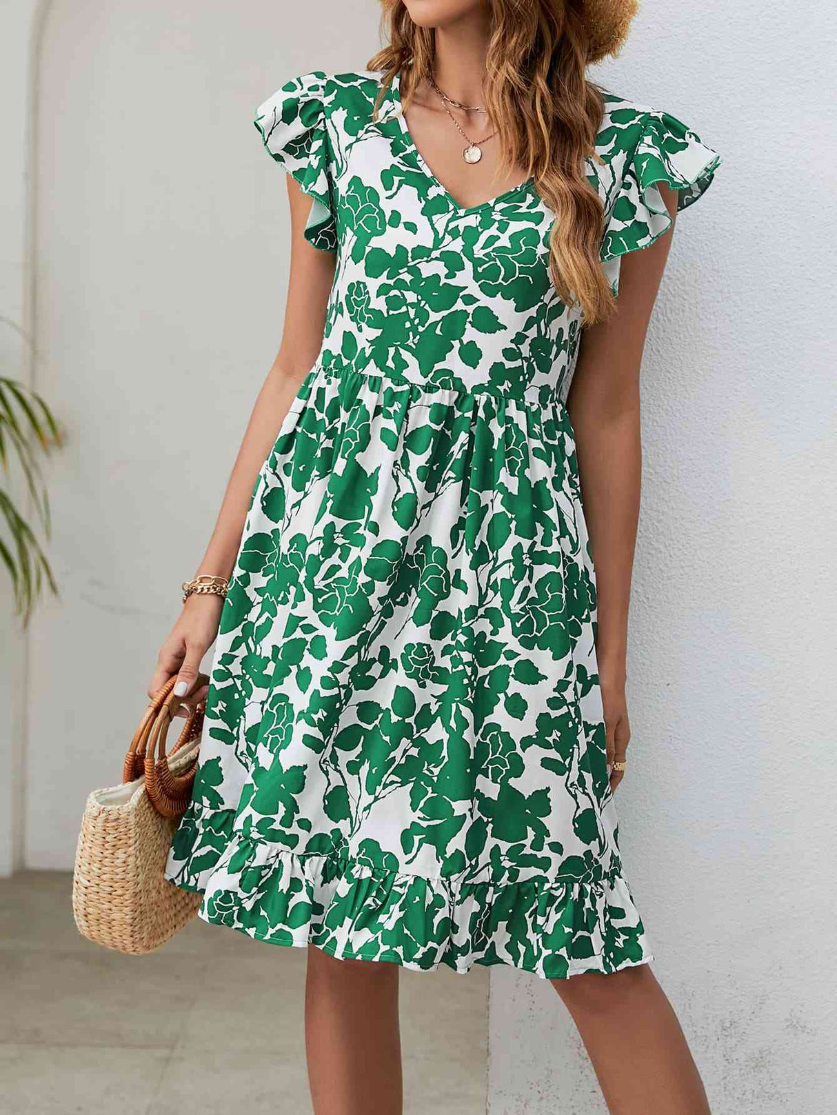 Floral V-Neck Flutter Sleeve Dress