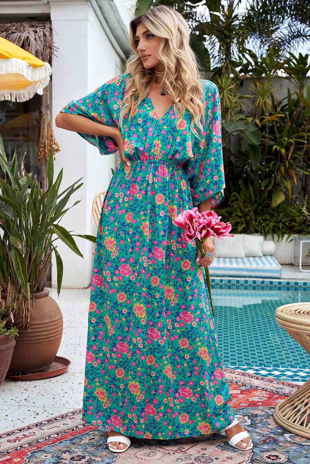 Floral Three-Quarter Sleeve V-Neck Dress