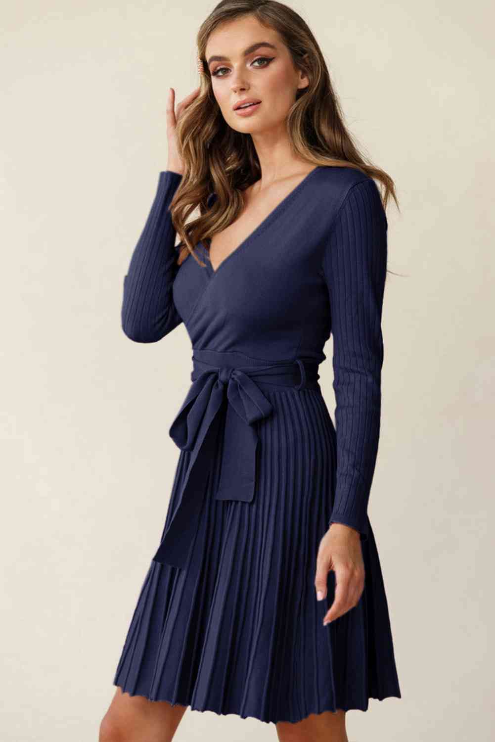 Surplice Neck Tie Waist Pleated Dress