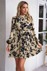 Floral Mock Neck Tie Waist Pleated Dress