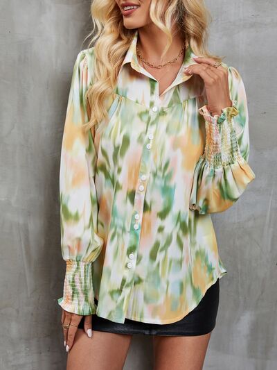 Printed Button Up Lantern Sleeve Shirt