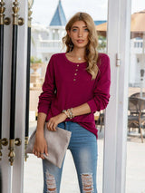 Quarter Button Round Neck Dropped Shoulder T-Shirt